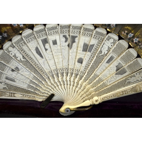 75 - A framed and glazed 19th century fan, hand painted with a courtly scene depicting Henry VIII and Cat... 