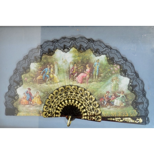 76 - A 19th century mother of pear and silver overlay fan, the leaf painted with 18th century courting sc... 