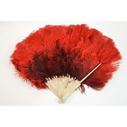 77 - A 19th century French ostrich feather and mother of pearl fan, 45cm long