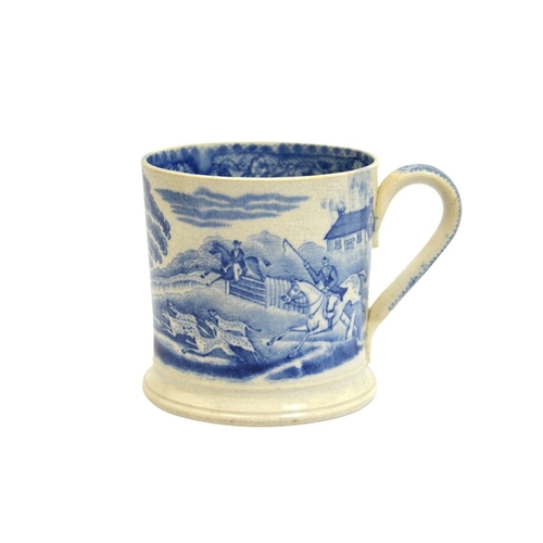 1304 - A Staffordshire pearlware mug, blue and white transfer printed with hunting scene, circa 1820, 10cm ... 