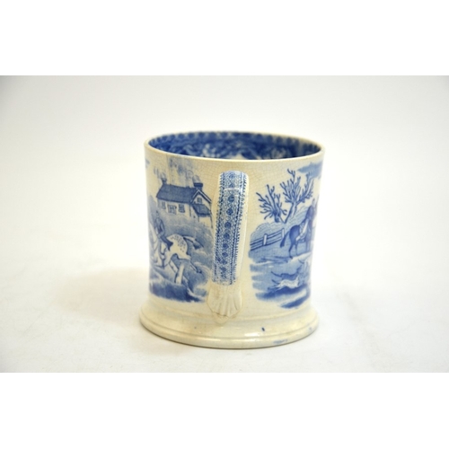 1304 - A Staffordshire pearlware mug, blue and white transfer printed with hunting scene, circa 1820, 10cm ... 