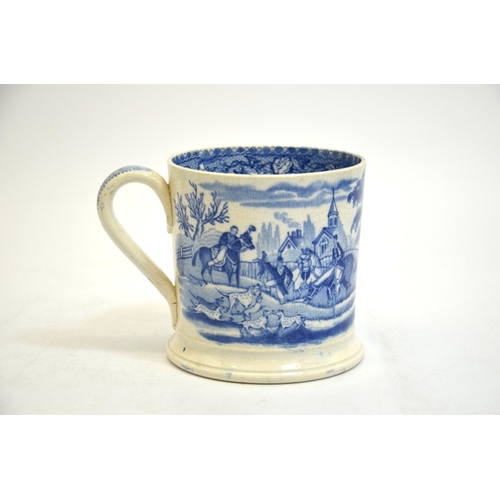 1304 - A Staffordshire pearlware mug, blue and white transfer printed with hunting scene, circa 1820, 10cm ... 