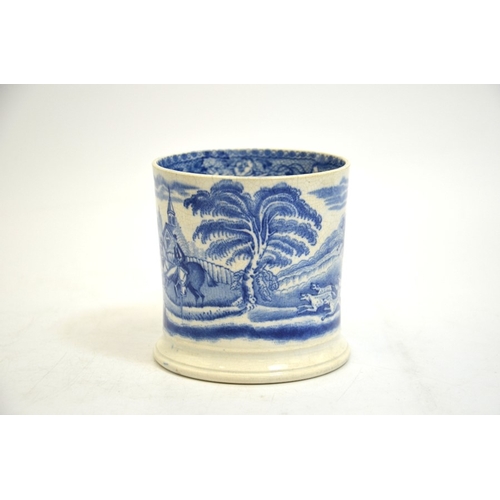 1304 - A Staffordshire pearlware mug, blue and white transfer printed with hunting scene, circa 1820, 10cm ... 