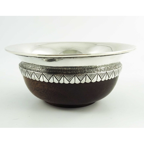 107 - An Elizabeth II Arts and Crafts style silver and turned wood mazer bowl, A E Jones, Birmingham 1968,... 