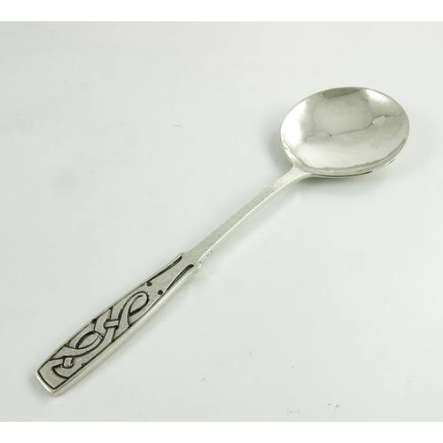 113 - Archibald Knox for Liberty and Co., a Celtic knot silver spoon, Birmingham 1936, model 341, planishe... 