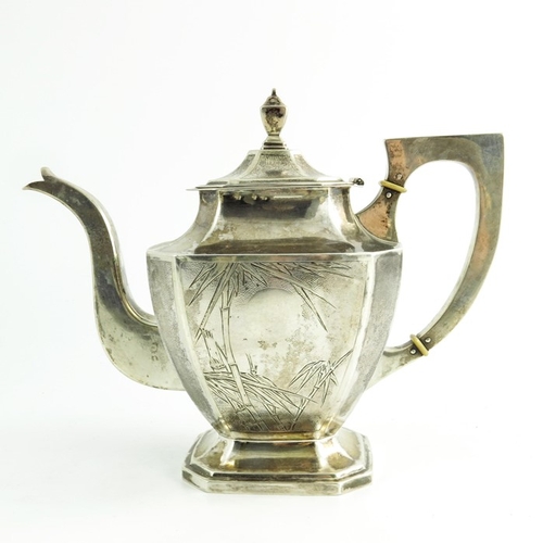 13 - A Chinese Export Silver Tea Service, early 20th century, comprising tray, teapot, sugar bowl and mil... 