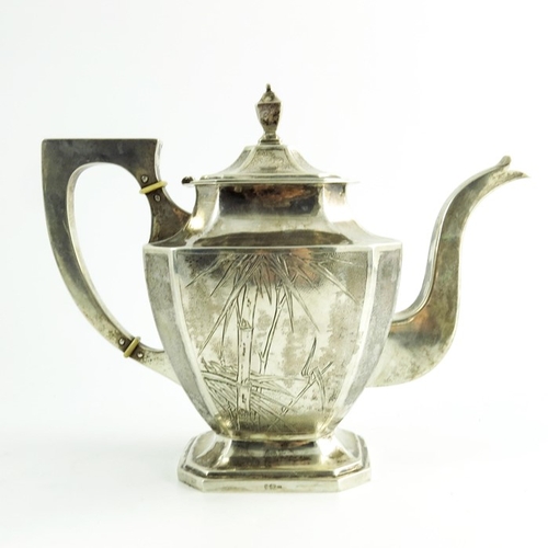 13 - A Chinese Export Silver Tea Service, early 20th century, comprising tray, teapot, sugar bowl and mil... 