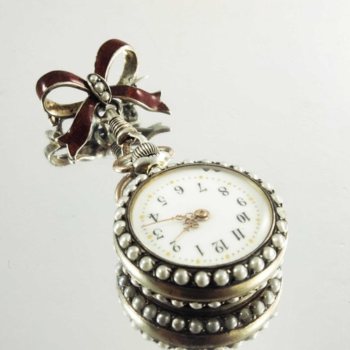 144 - An Enamel and Pearl Open Face Pocket Watch/Brooch, circa 19th century, with crown wind and pin set c... 