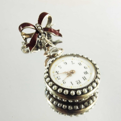 144 - An Enamel and Pearl Open Face Pocket Watch/Brooch, circa 19th century, with crown wind and pin set c... 