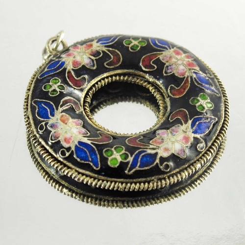 148 - A Chinese silver gilt and cloisonné enamelled pendant, circular doughnut ring form, decorated with f... 