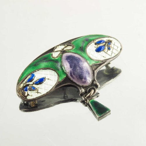 157 - An Arts and Crafts silver and enamelled brooch, lobed kidney form with purple, green, blu eand white... 