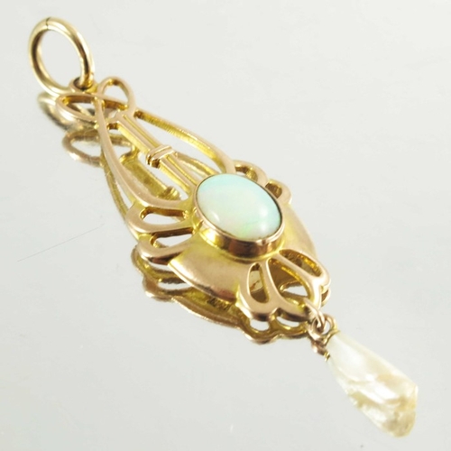 164 - Barnet Henry Joseph, an Arts and Crafts 9 carat gold, opal and pearl pendant, elongated open knotted... 