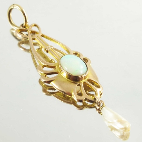 164 - Barnet Henry Joseph, an Arts and Crafts 9 carat gold, opal and pearl pendant, elongated open knotted... 