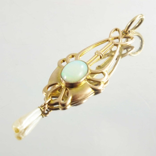 164 - Barnet Henry Joseph, an Arts and Crafts 9 carat gold, opal and pearl pendant, elongated open knotted... 