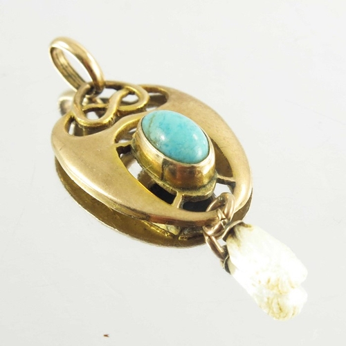 165 - Henry Matthews, an Arts and Crafts 9 carat gold, pearl and turquoise pendant, London 1901, knotted t... 