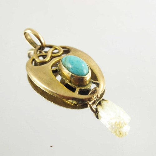 165 - Henry Matthews, an Arts and Crafts 9 carat gold, pearl and turquoise pendant, London 1901, knotted t... 