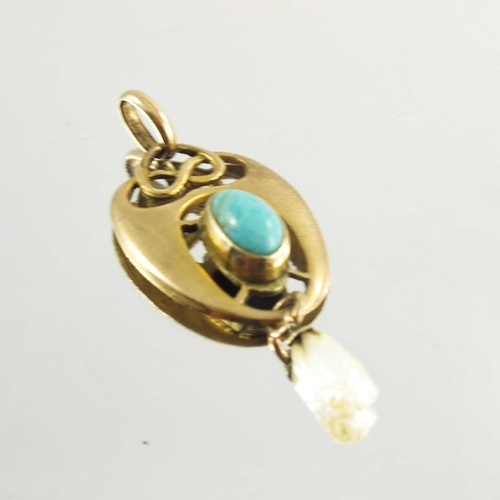 165 - Henry Matthews, an Arts and Crafts 9 carat gold, pearl and turquoise pendant, London 1901, knotted t... 