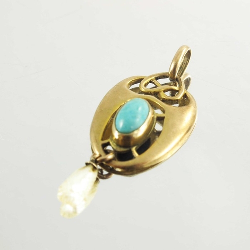 165 - Henry Matthews, an Arts and Crafts 9 carat gold, pearl and turquoise pendant, London 1901, knotted t... 