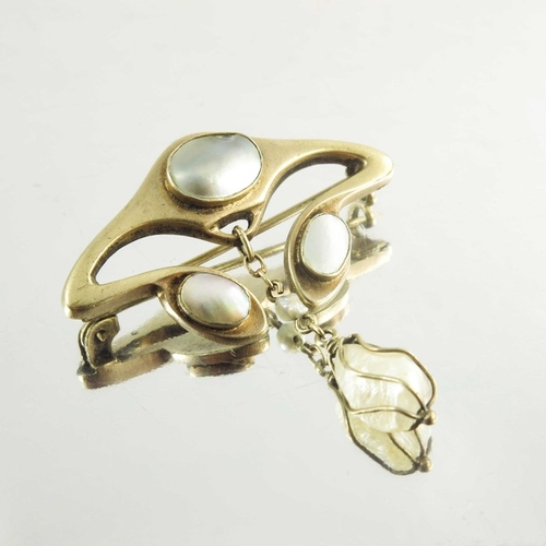 167 - Meyle and Mayer, a Jugendstil silver gilt, abelone and pearl brooch, the whiplash bud with vertical ... 