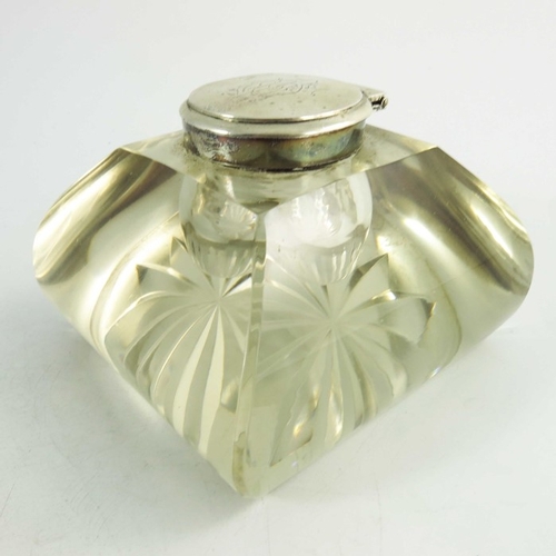 34 - A Victorian silver and glass inkwell, John Grinsell and Sons, London 1897, square section cushion sh... 