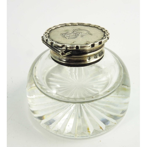 35 - A George V silver and glass inkwell, Synyer and Beddoes, Birmingham 1913, rounded body with star cut... 