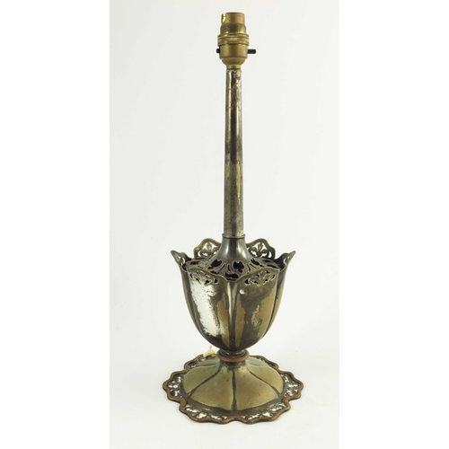 4 - An Edwardian silver plated table lamp, Elkington and Co. 1908, lobed pedestal cup form, the petal fo... 