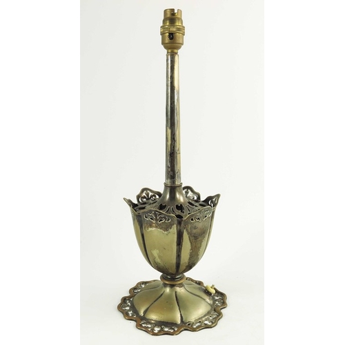 4 - An Edwardian silver plated table lamp, Elkington and Co. 1908, lobed pedestal cup form, the petal fo... 