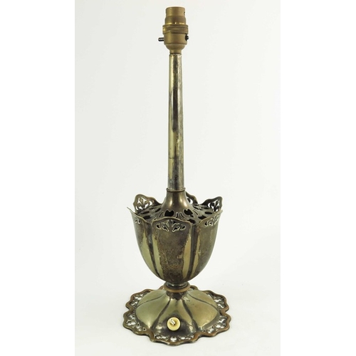 4 - An Edwardian silver plated table lamp, Elkington and Co. 1908, lobed pedestal cup form, the petal fo... 