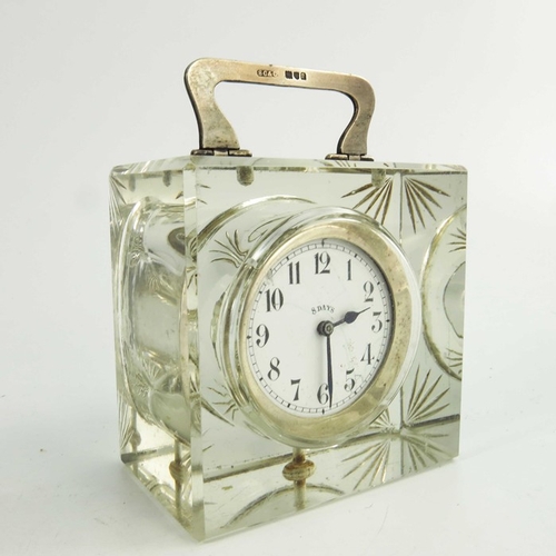 46 - A George V silver and glass timepiece, Stuart Clifford and Co., London 1911, cuboid form with silver... 