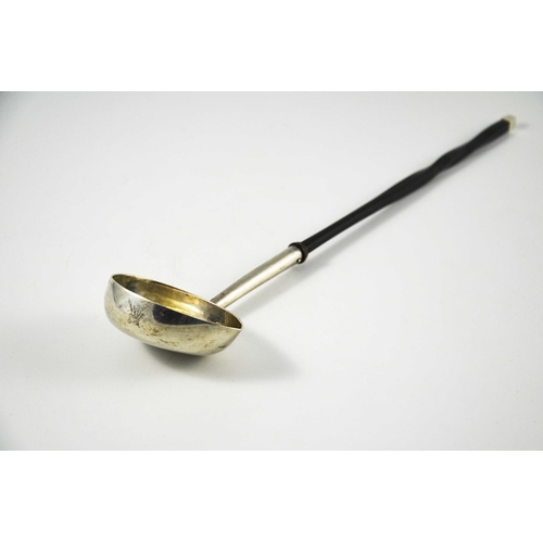 64 - A George II silver punch ladle, London 1736, oval form with pinched spout, twisted horn handle, 39.5... 