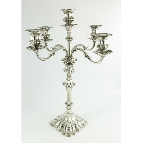 8 - A Victorian silver plated four branch, five light candelabrum, Elkington and Co., 1867, lobed and fl... 