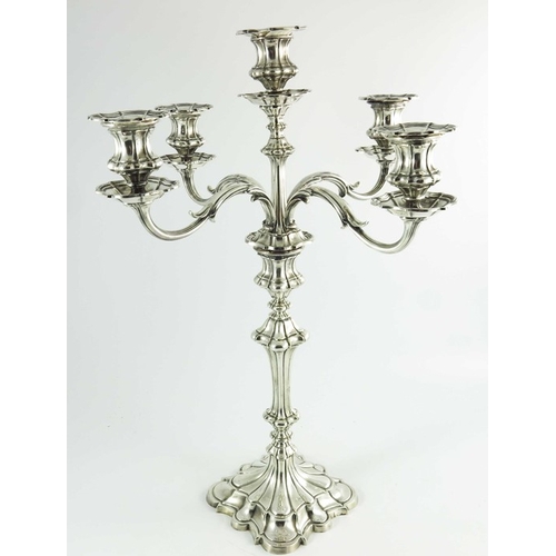 8 - A Victorian silver plated four branch, five light candelabrum, Elkington and Co., 1867, lobed and fl... 