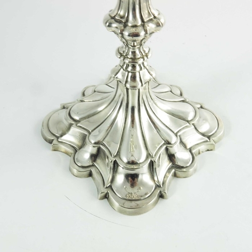 8 - A Victorian silver plated four branch, five light candelabrum, Elkington and Co., 1867, lobed and fl... 