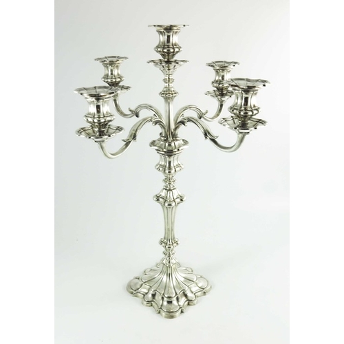 8 - A Victorian silver plated four branch, five light candelabrum, Elkington and Co., 1867, lobed and fl... 