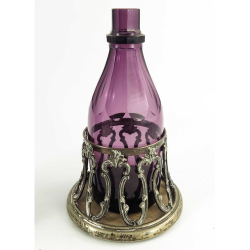 9 - A pair of William IV amethyst glass decanters in original Old Sheffield Plate coasters, circa 1835, ... 