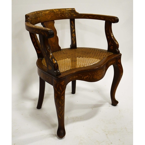 232 - A 19th century Dutch walnut and marquetry inlaid armchair, serpentine fronted with bow arm back, on ... 