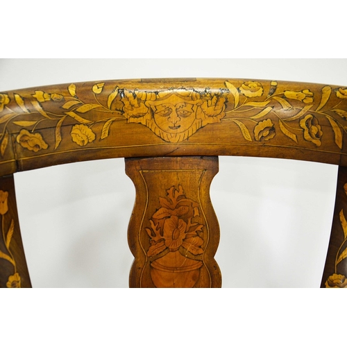 232 - A 19th century Dutch walnut and marquetry inlaid armchair, serpentine fronted with bow arm back, on ... 