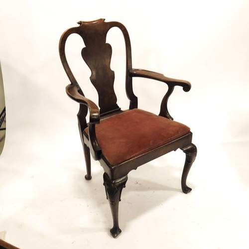 237 - A George I style walnut open armchair, circa 1720, shaped back with ogee vase splat, scroll arms, on... 