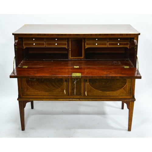 239 - A Louis XVI style mahogany and satinwood strung bureau chest, circa 1800, the fiddle back veneered t... 