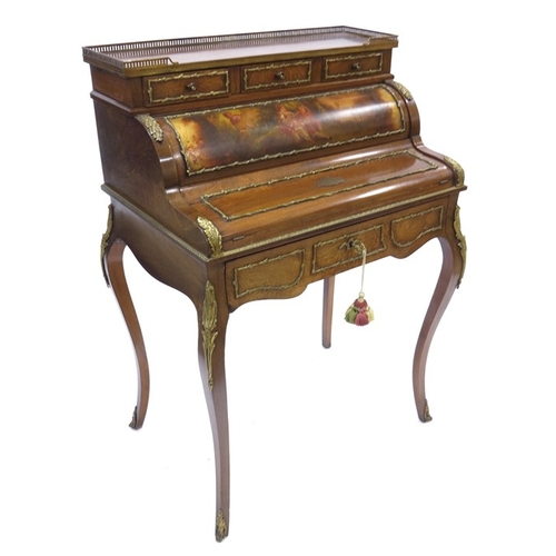 240 - A Louis XV style rosewood by Bonheur du jour, brass plaque dated 1902, ormolu mounted and set with a... 