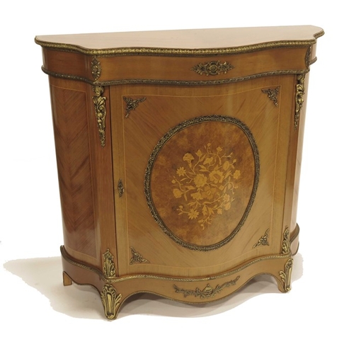 242 - A Continental walnut credenza, serpentine form, central burr roundel with marquetry floral bouquet, ... 