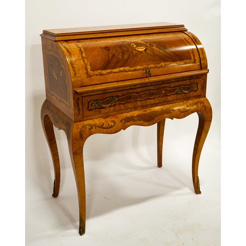 249 - A Louis XV style inlaid satinwood and kingwood rolltop desk, the single drawer with floral panels an... 