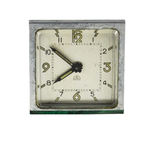 259 - An Art Deco malachite and chrome timepiece, circa 1930, the square silvered clock face with luminesc... 