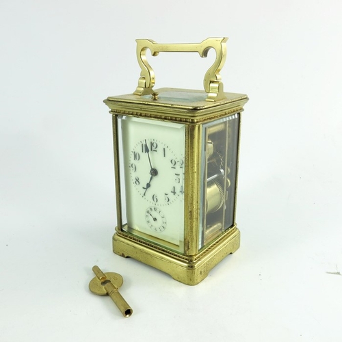 260 - A 19th Century Brass Cased Carriage Clock, enamel dial with black painted face and with alarm mechan... 