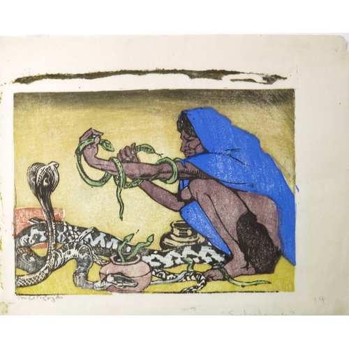 276 - Mabel Royds (1874-1941), Snake Charmer (M.B. 14), coloured woodblock print, signed and titled, 13.5c... 