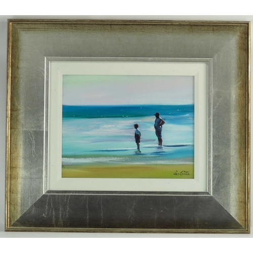 333 - † Pam Carter (b.1952), Paddling in June, oil on canvas, signed, titled verso, 23cm x 29cm, framed