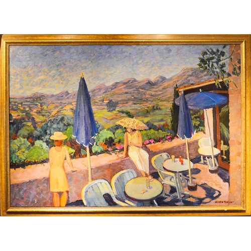 341 - Olwen Tarrant FROI (b.1927), Cafe Terraza, oil on canvas, signed, 81cm x116cm, framed