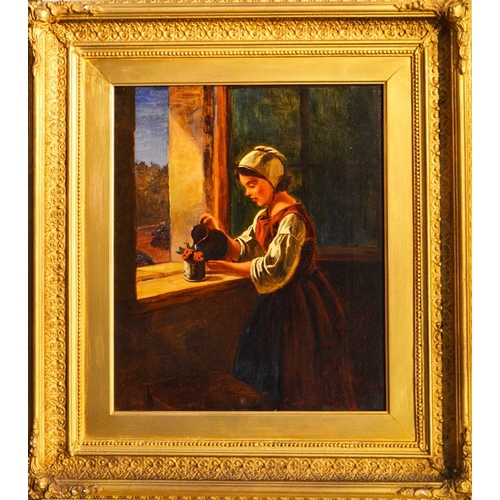 345 - Charles Riley, Watering the Plant, oil on canvas, monogrammed, 36cm x 30cm, framed