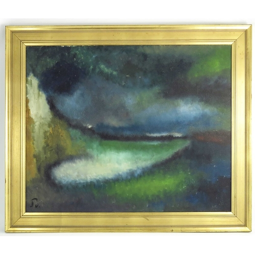 360 - 20th Century School, Mysterious Landscape, oil on canvas, signed indistinctly, 84cm x 79cm, framed