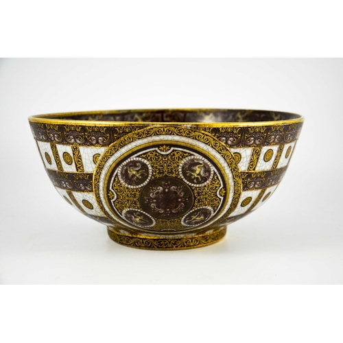 389 - A Large Crackle Glazed Bowl decorated in brown and gilt enamels on a grey ground, the banding and ci... 